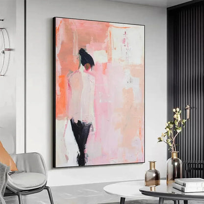 PINK ABSTRACT: Figurative Painting, Pastel Wall Art, Modern Decor, Vertical Canvas | gold frame stretched on neutral wall