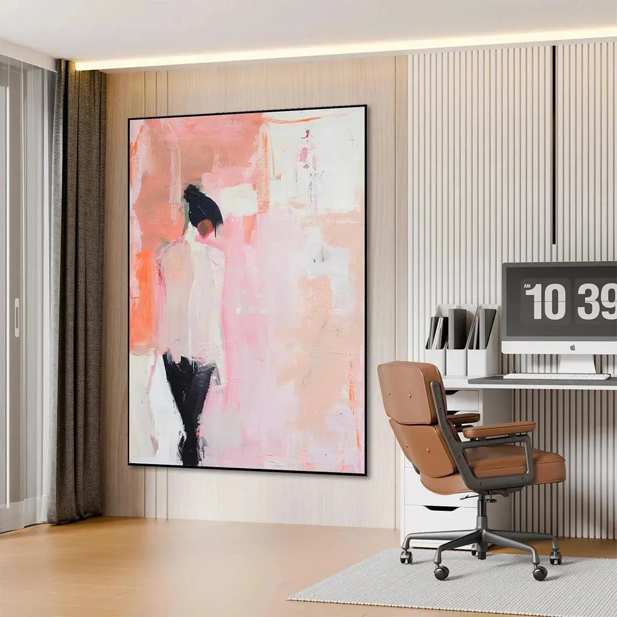 PINK ABSTRACT: Figurative Painting, Pastel Wall Art, Modern Decor, Vertical Canvas | black frame version on white wall