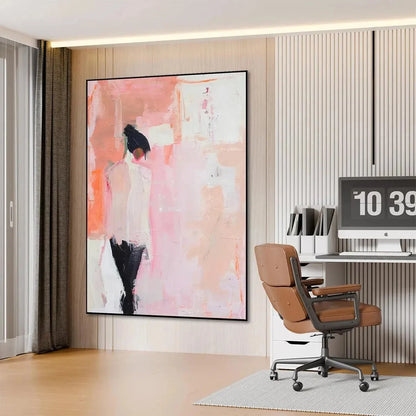 PINK ABSTRACT: Figurative Painting, Pastel Wall Art, Modern Decor, Vertical Canvas | black frame version on white wall