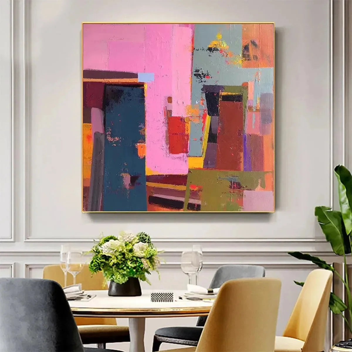 PINK AND GREEN URBAN ABSTRACT: Colorful Abstract City Painting, Square Wall Art | Abstract closeup, raised brushwork detail