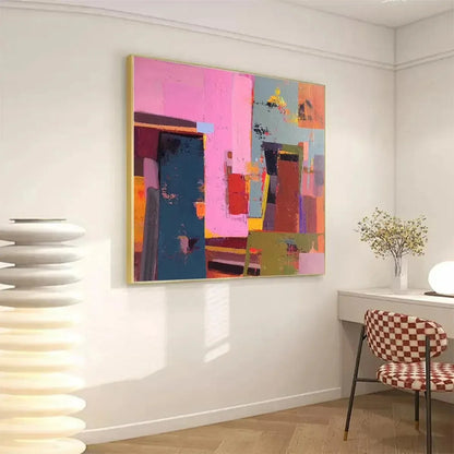 PINK AND GREEN URBAN ABSTRACT: Colorful Abstract City Painting, Square Wall Art | rectangular format, hand-painted canvas edge