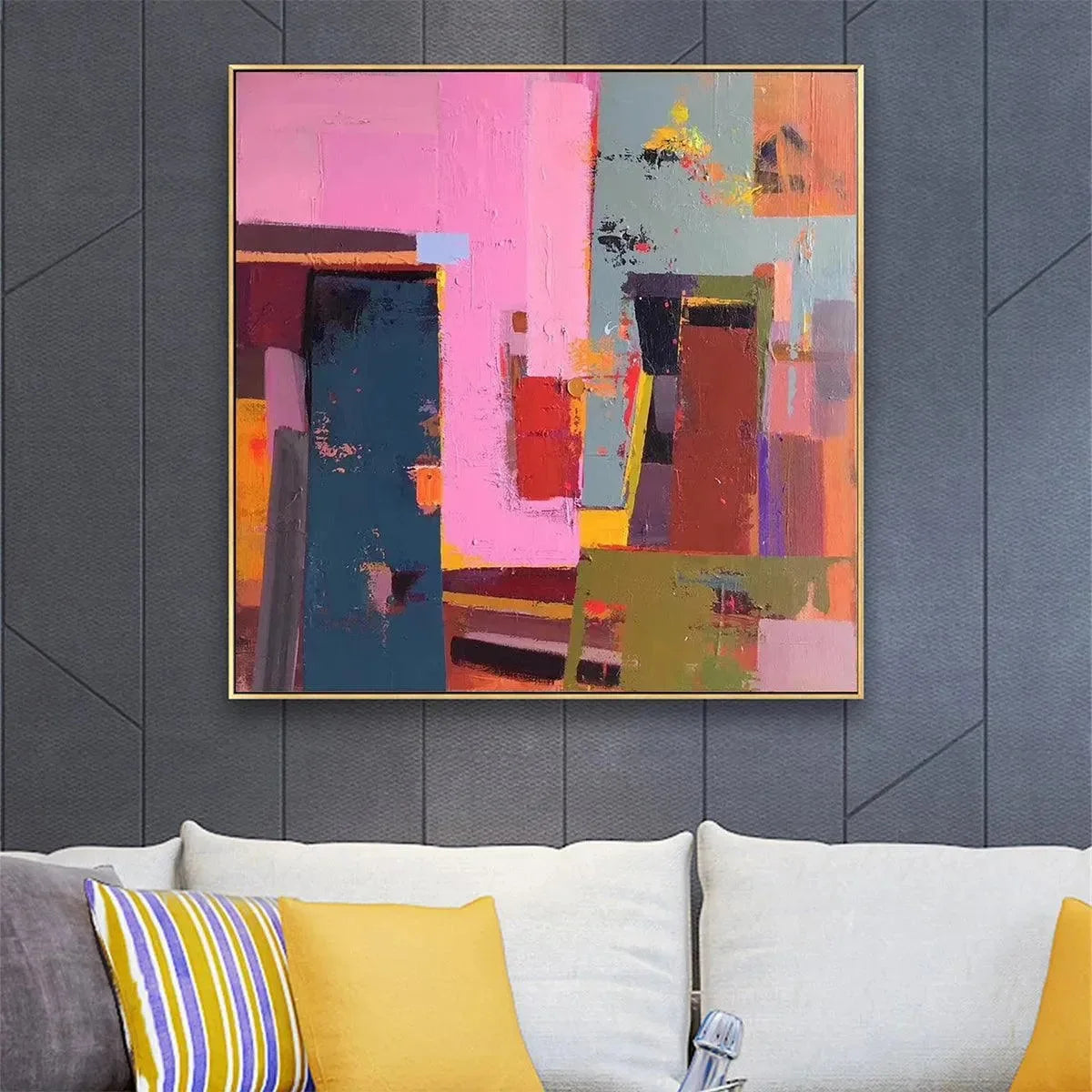 PINK AND GREEN URBAN ABSTRACT: Colorful Abstract City Painting, Square Wall Art | Abstract mood, soft natural light studio shot