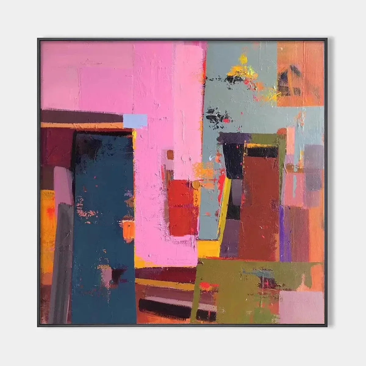 PINK AND GREEN URBAN ABSTRACT: Colorful Abstract City Painting, Square Wall Art | hanging in living room, Abstract wall art