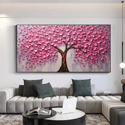 PINK BLOSSOM ABUNDANCE: Textured Impasto Cherry Blossom Tree Painting, Horizontal Wall Art | Figurative closeup, raised brushwork detail