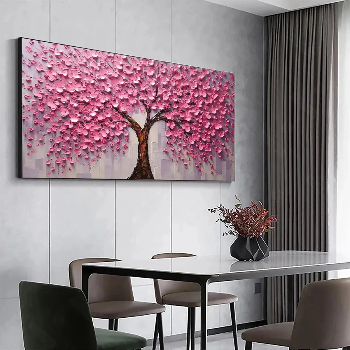 PINK BLOSSOM ABUNDANCE: Textured Impasto Cherry Blossom Tree Painting, Horizontal Wall Art | gold frame stretched on neutral wall