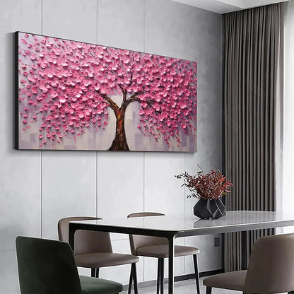 PINK BLOSSOM ABUNDANCE: Textured Impasto Cherry Blossom Tree Painting, Horizontal Wall Art | gold frame stretched on neutral wall