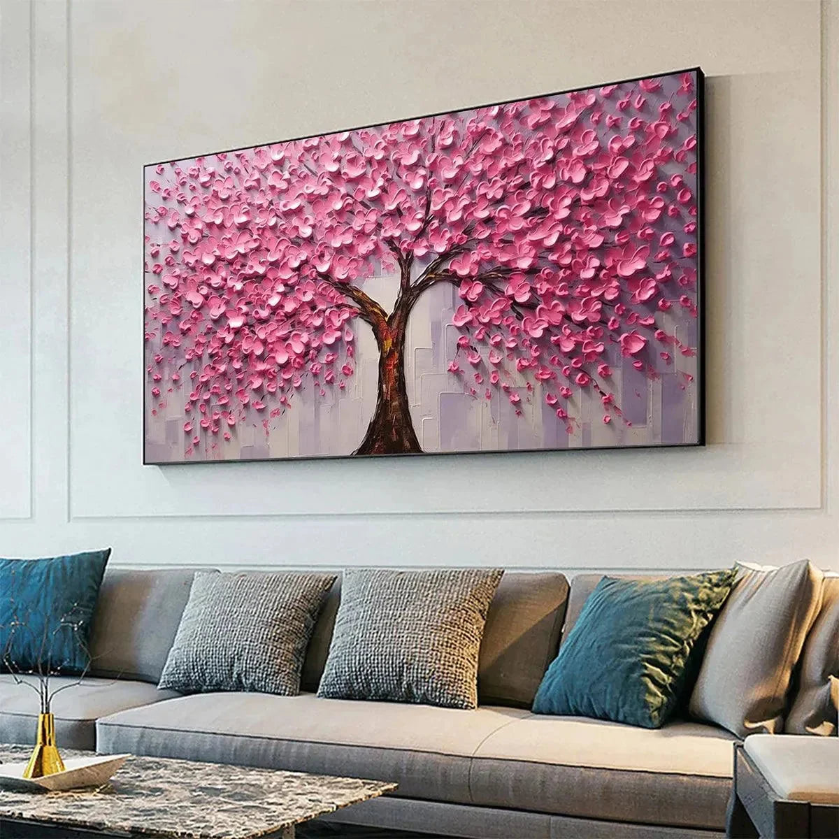 PINK BLOSSOM ABUNDANCE: Textured Impasto Cherry Blossom Tree Painting, Horizontal Wall Art | rolled canvas, ready for custom framing
