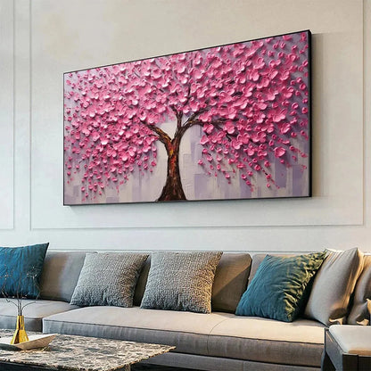PINK BLOSSOM ABUNDANCE: Textured Impasto Cherry Blossom Tree Painting, Horizontal Wall Art | rolled canvas, ready for custom framing