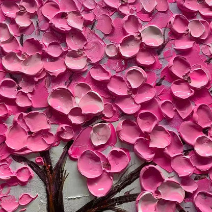 PINK BLOSSOM ABUNDANCE: Textured Impasto Cherry Blossom Tree Painting, Horizontal Wall Art | black frame version on white wall