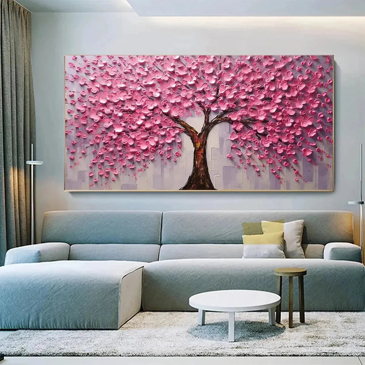 PINK BLOSSOM ABUNDANCE: Textured Impasto Cherry Blossom Tree Painting, Horizontal Wall Art | Figurative mood, soft natural light studio shot