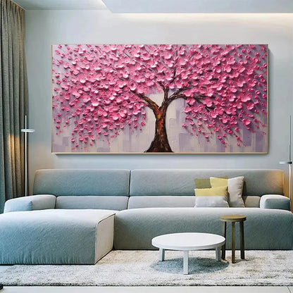 PINK BLOSSOM ABUNDANCE: Textured Impasto Cherry Blossom Tree Painting, Horizontal Wall Art | Figurative mood, soft natural light studio shot