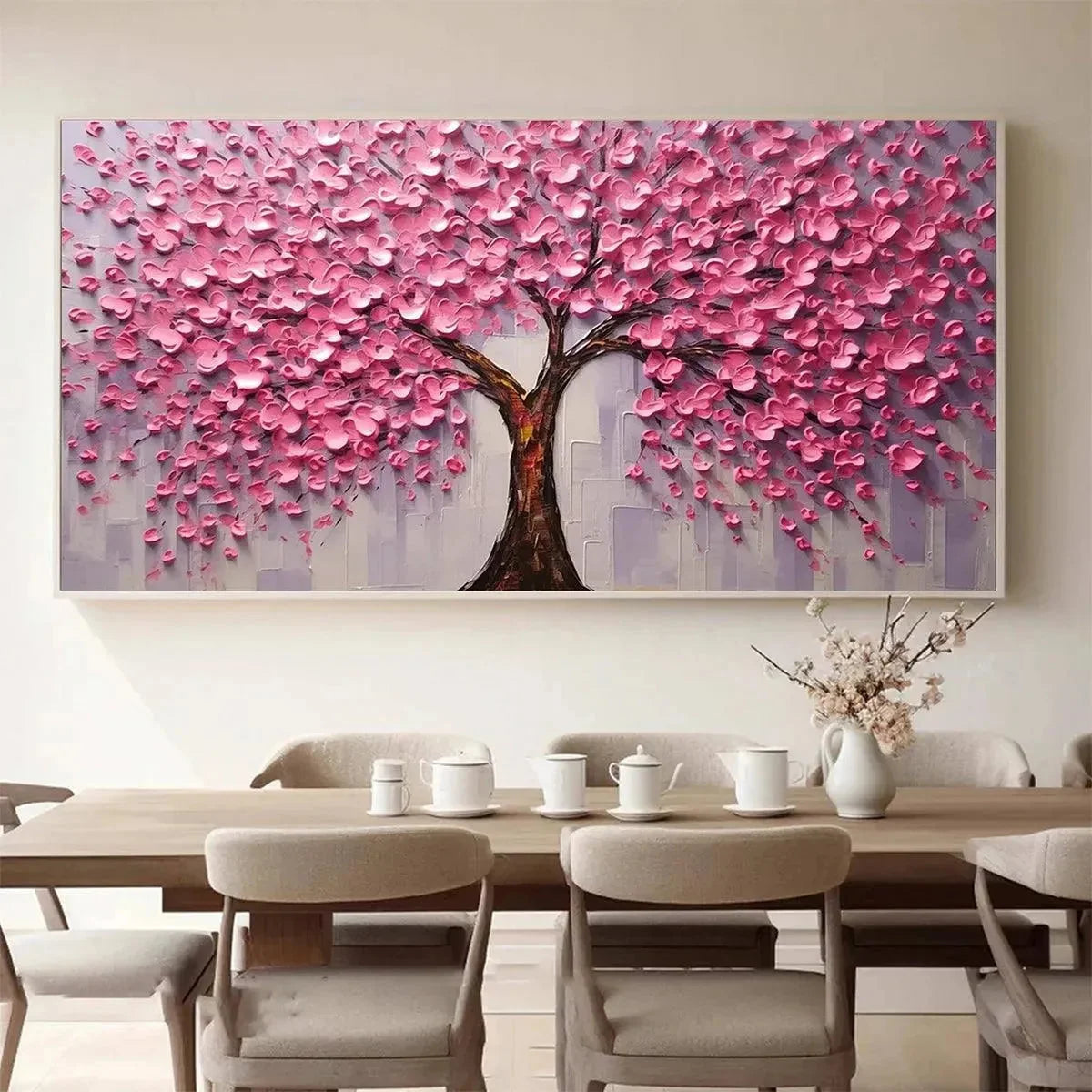 PINK BLOSSOM ABUNDANCE: Textured Impasto Cherry Blossom Tree Painting, Horizontal Wall Art | yellow palette, original oil on stretched canvas art