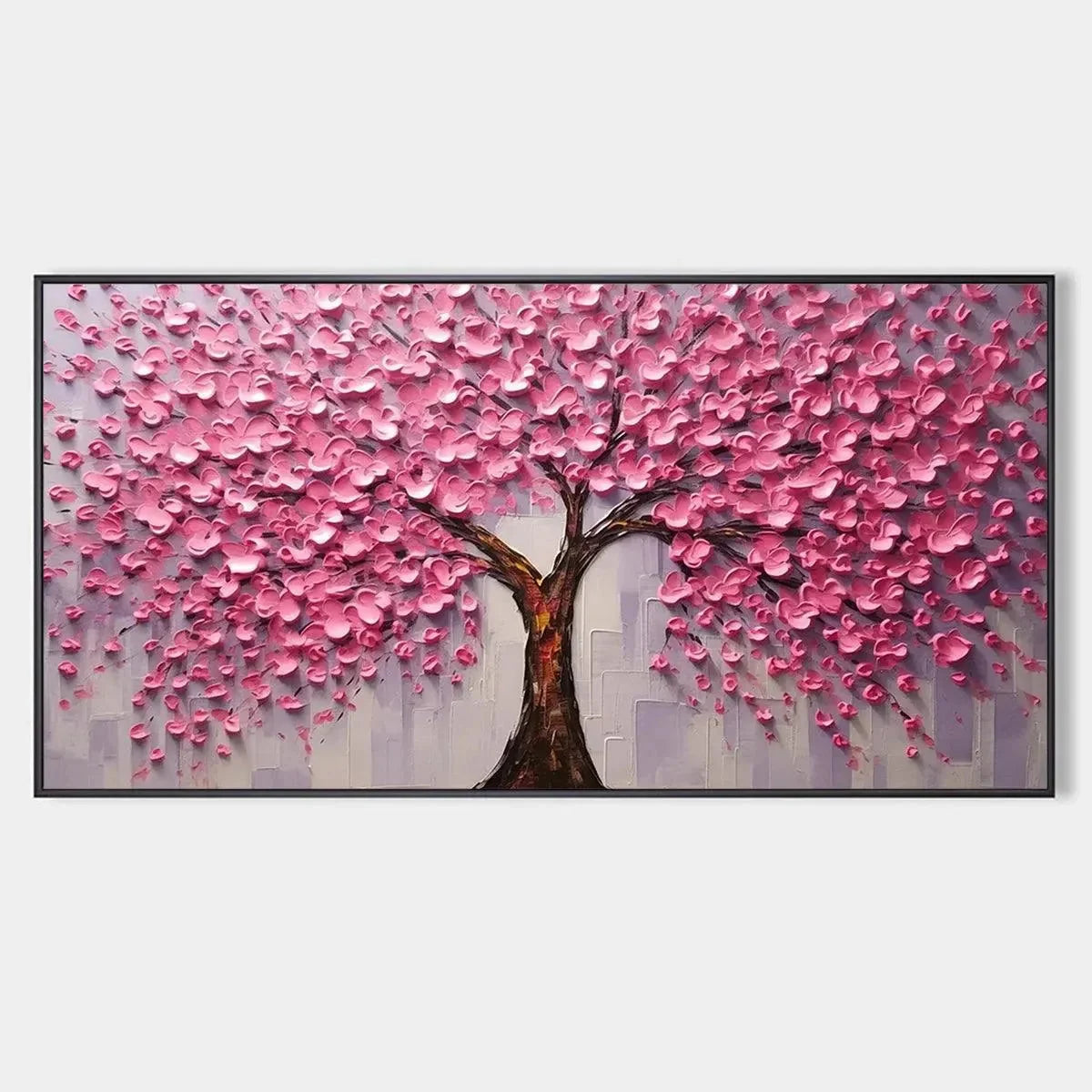 PINK BLOSSOM ABUNDANCE: Textured Impasto Cherry Blossom Tree Painting, Horizontal Wall Art | hanging in living room, Figurative wall art