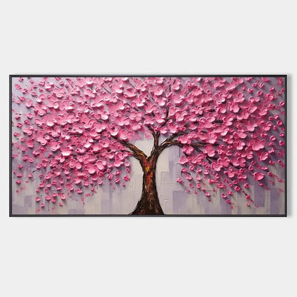PINK BLOSSOM ABUNDANCE: Textured Impasto Cherry Blossom Tree Painting, Horizontal Wall Art | hanging in living room, Figurative wall art