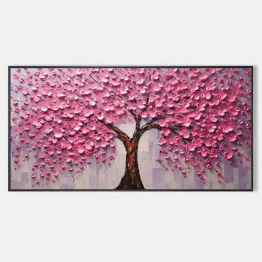 PINK BLOSSOM ABUNDANCE: Textured Impasto Cherry Blossom Tree Painting, Horizontal Wall Art | hanging in living room, Figurative wall art