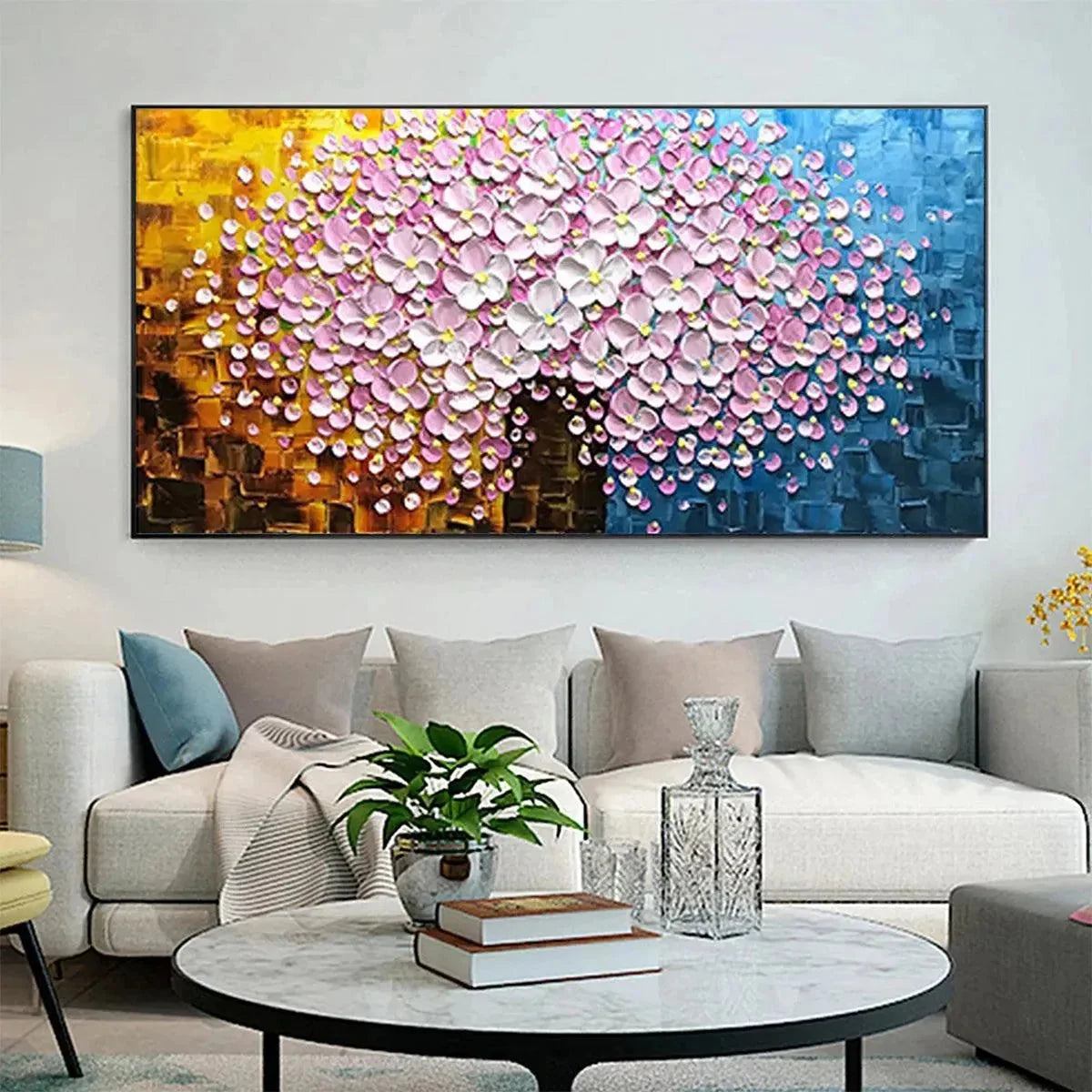 PINK BLOSSOM DREAM: Textured Floral Impasto Painting in Pink and White | gold frame stretched on neutral wall