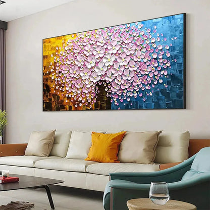 PINK BLOSSOM DREAM: Textured Floral Impasto Painting in Pink and White | black frame version on white wall