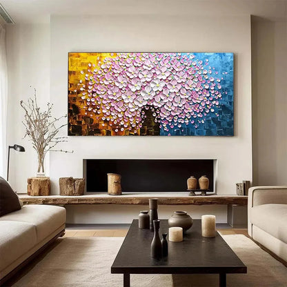 PINK BLOSSOM DREAM: Textured Floral Impasto Painting in Pink and White | Abstract mood, soft natural light studio shot