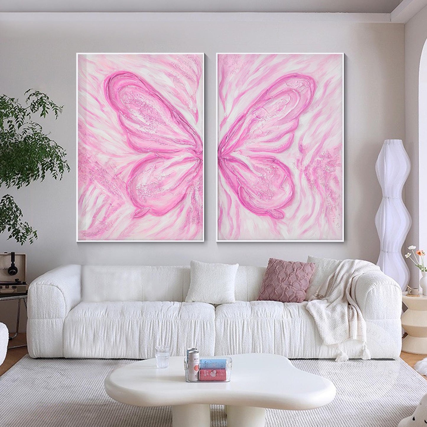Pink Butterfly Textured Abstract Painting Set: Extra Large Vertical Canvas Art #2