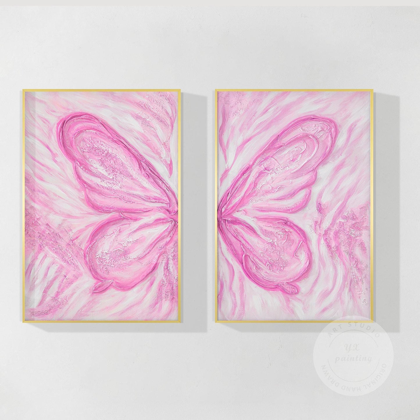 Pink Butterfly Textured Abstract Painting Set: Extra Large Vertical Canvas Art #11