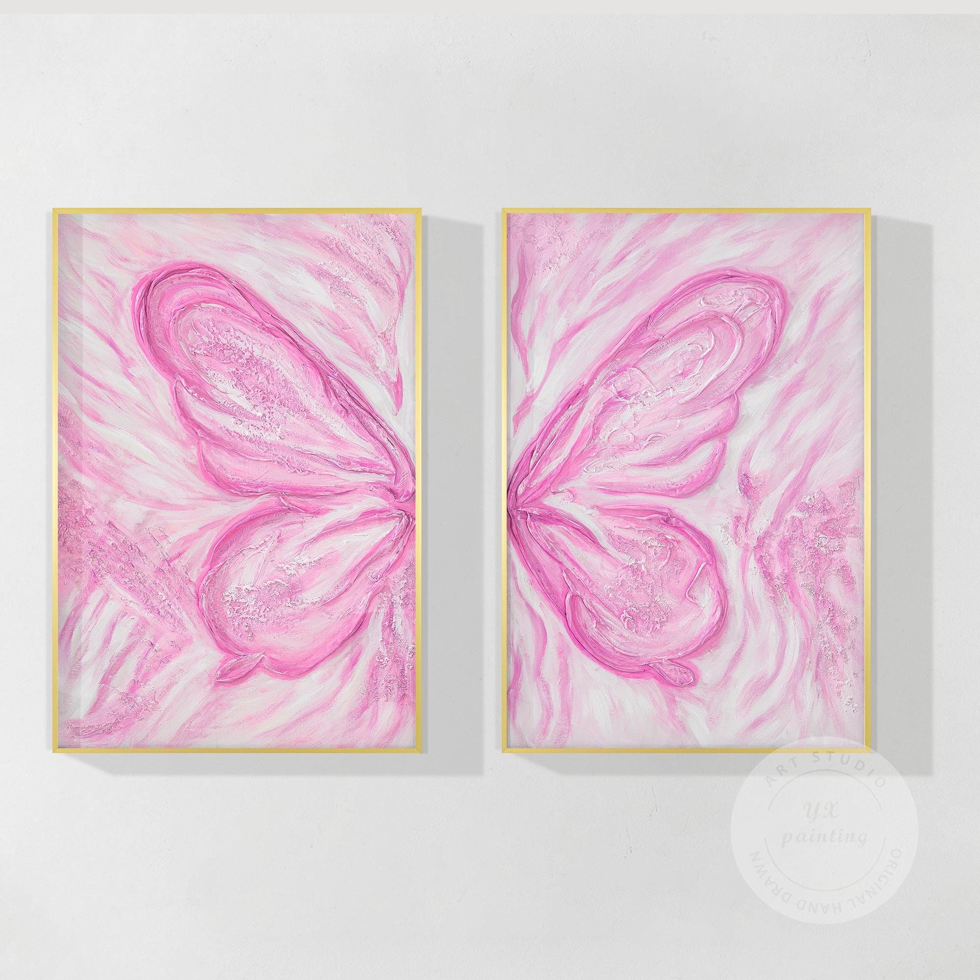 Pink Butterfly Textured Abstract Painting Set: Extra Large Vertical Canvas Art #11