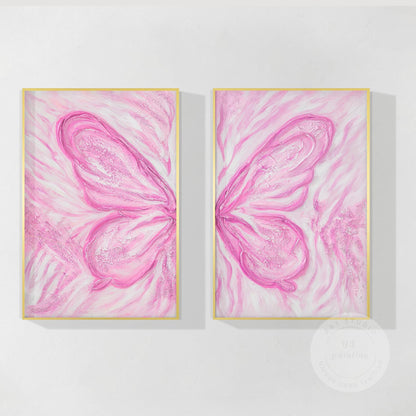 Pink Butterfly Textured Abstract Painting Set: Extra Large Vertical Canvas Art #11