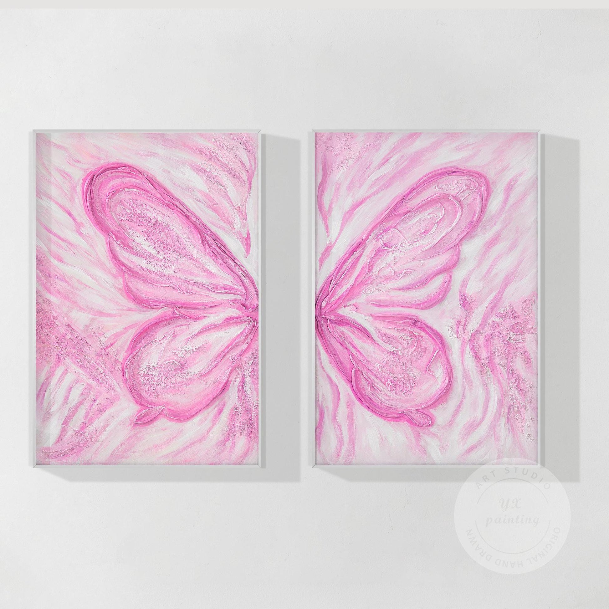 Pink Butterfly Textured Abstract Painting Set: Extra Large Vertical Canvas Art #12