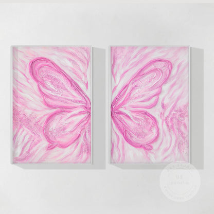 Pink Butterfly Textured Abstract Painting Set: Extra Large Vertical Canvas Art #12