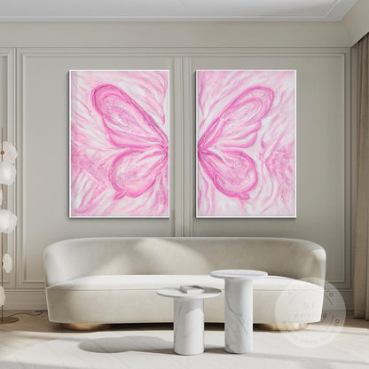 Pink Butterfly Textured Abstract Painting Set: Extra Large Vertical Canvas Art #3