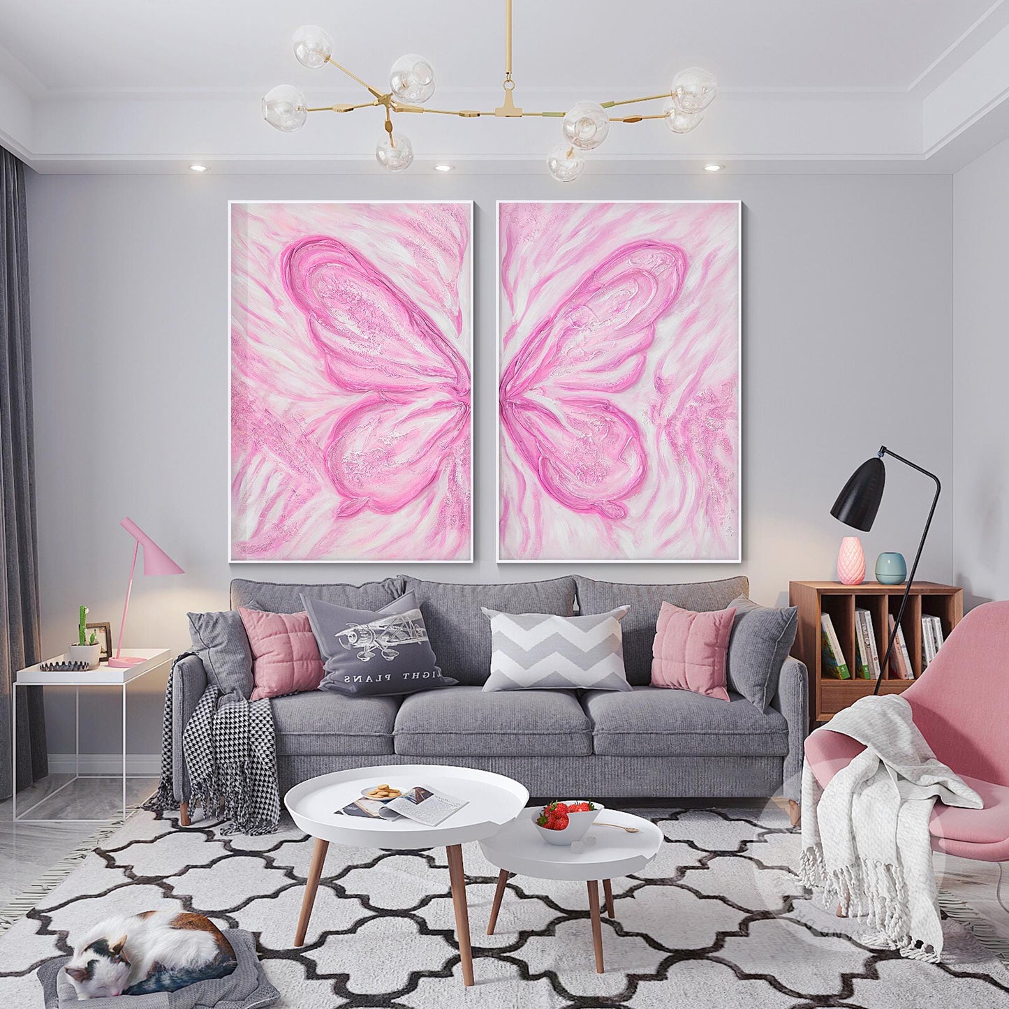 Pink Butterfly Textured Abstract Painting Set: Extra Large Vertical Canvas Art #5