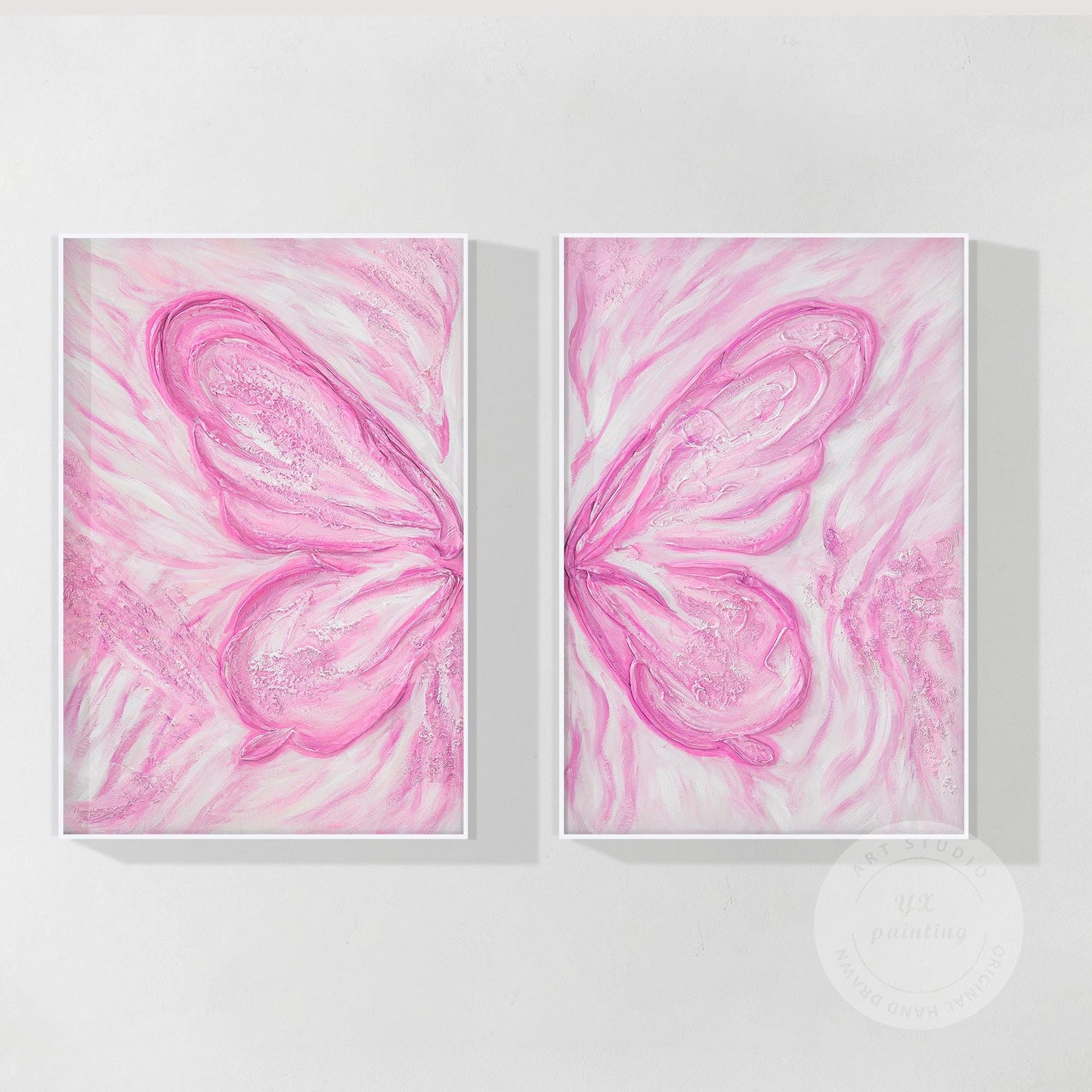 Pink Butterfly Textured Abstract Painting Set: Extra Large Vertical Canvas Art #9