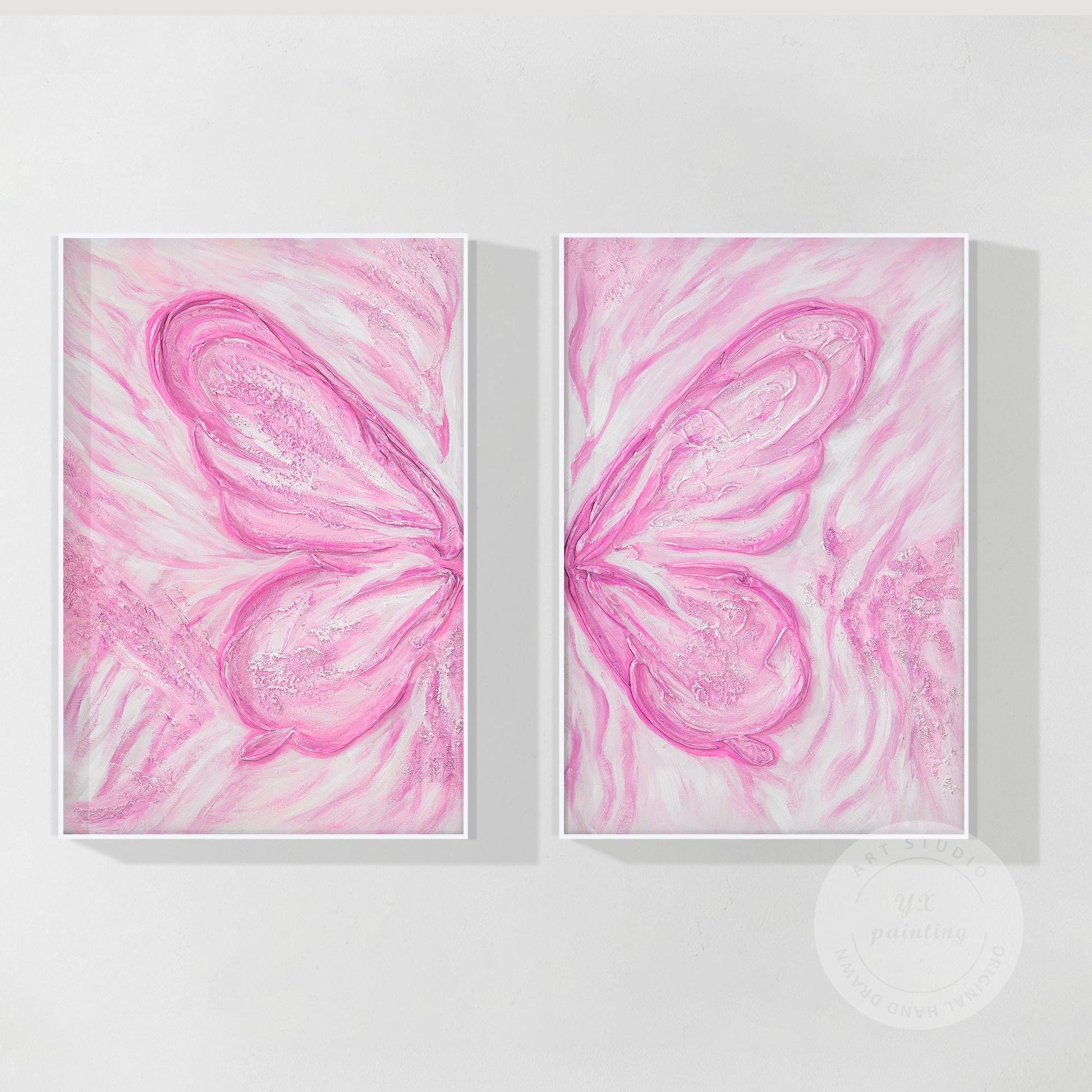 Pink Butterfly Textured Abstract Painting Set: Extra Large Vertical Canvas Art #9