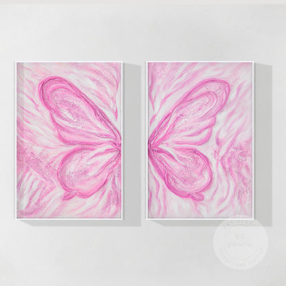 Pink Butterfly Textured Abstract Painting Set: Extra Large Vertical Canvas Art #9