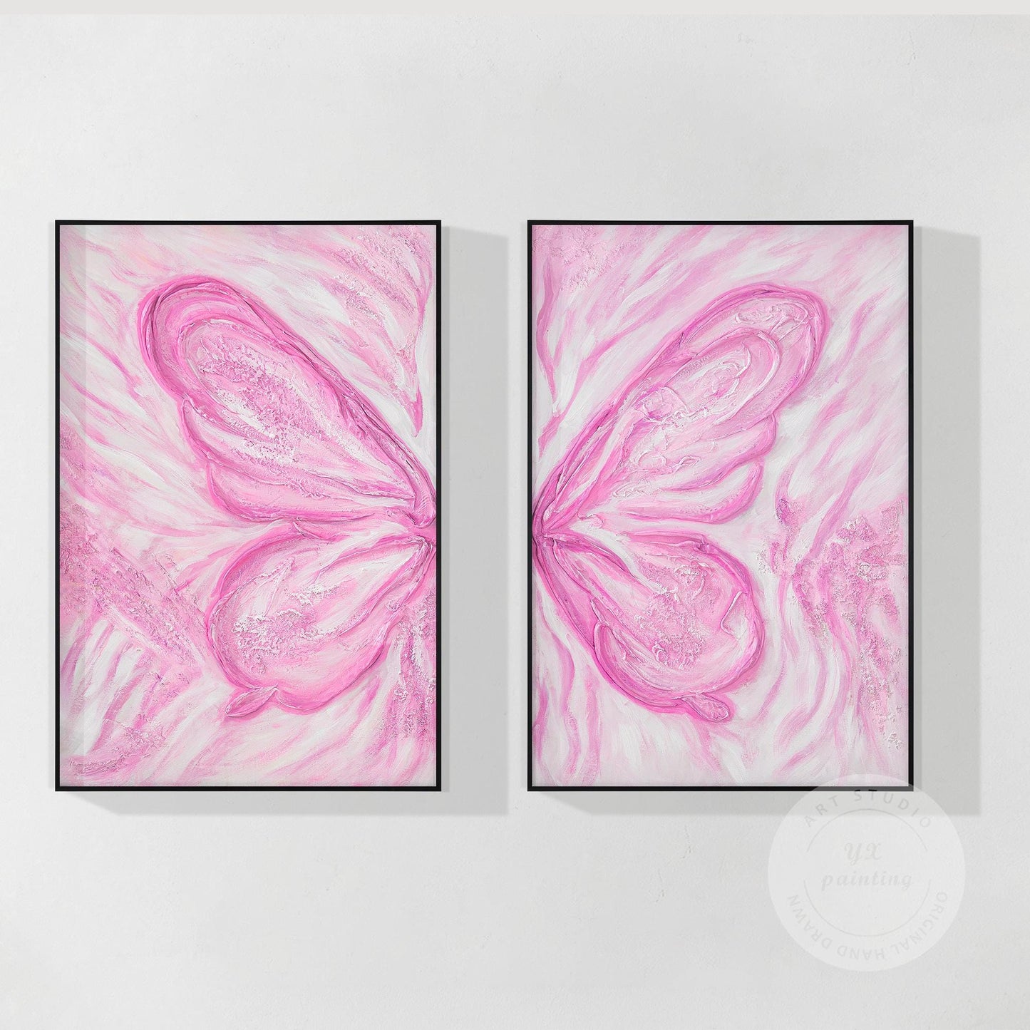 Pink Butterfly Textured Abstract Painting Set: Extra Large Vertical Canvas Art #10