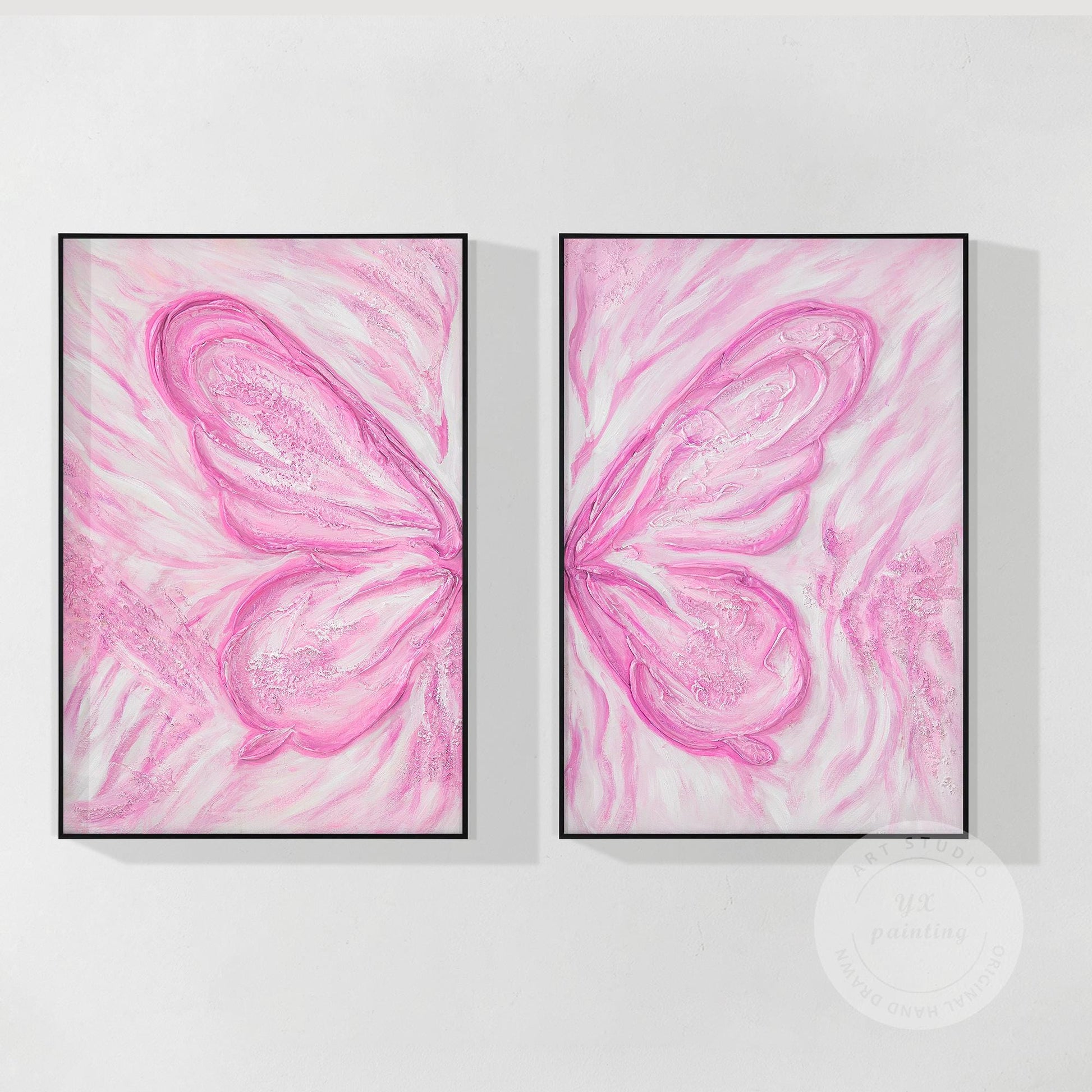 Pink Butterfly Textured Abstract Painting Set: Extra Large Vertical Canvas Art #10