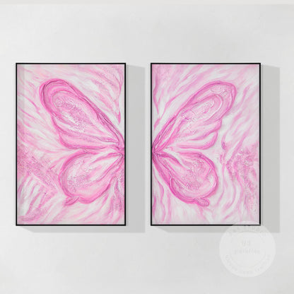 Pink Butterfly Textured Abstract Painting Set: Extra Large Vertical Canvas Art #10
