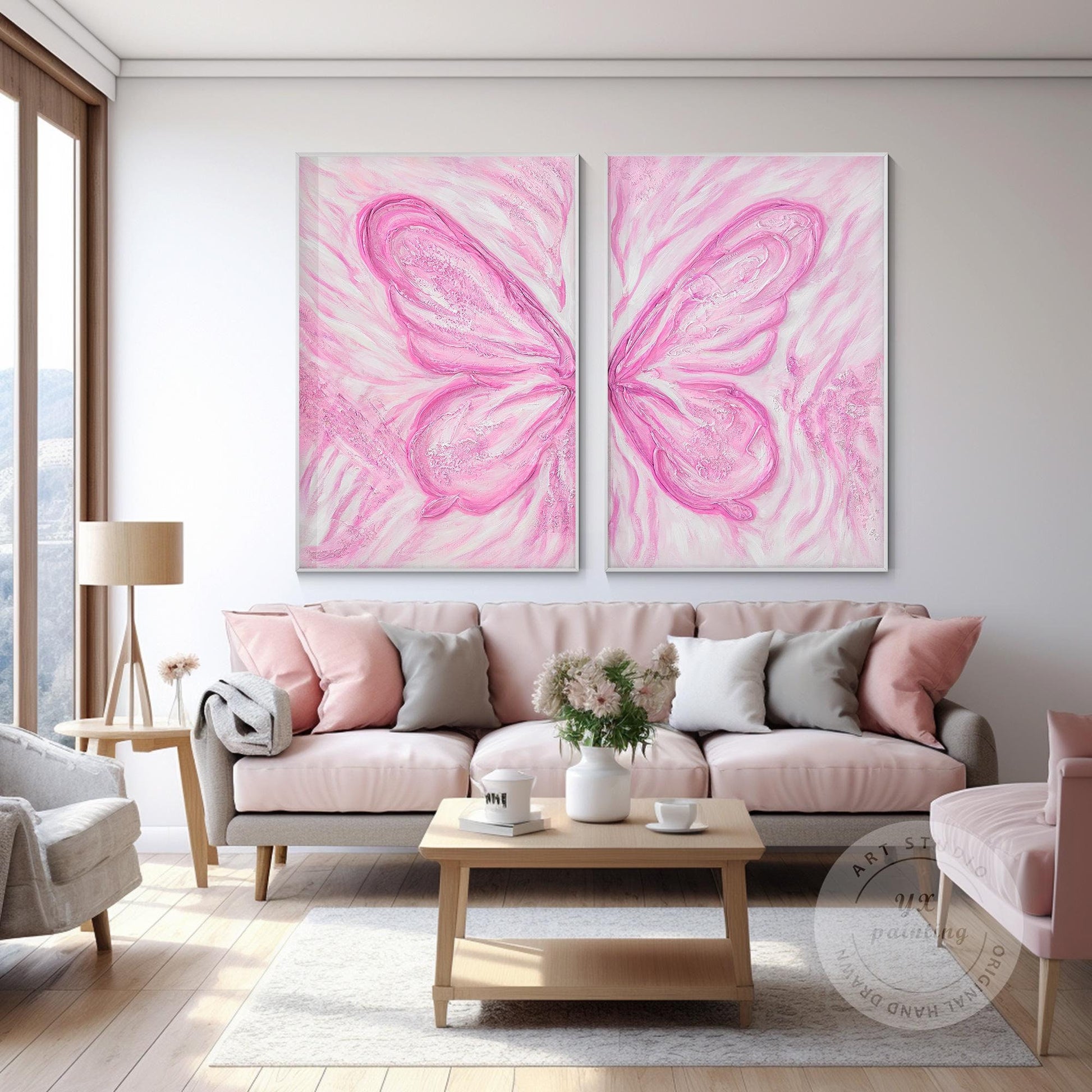 Pink Butterfly Textured Abstract Painting Set: Extra Large Vertical Canvas Art #1