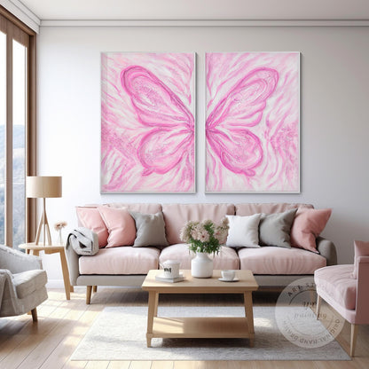 Pink Butterfly Textured Abstract Painting Set: Extra Large Vertical Canvas Art #1