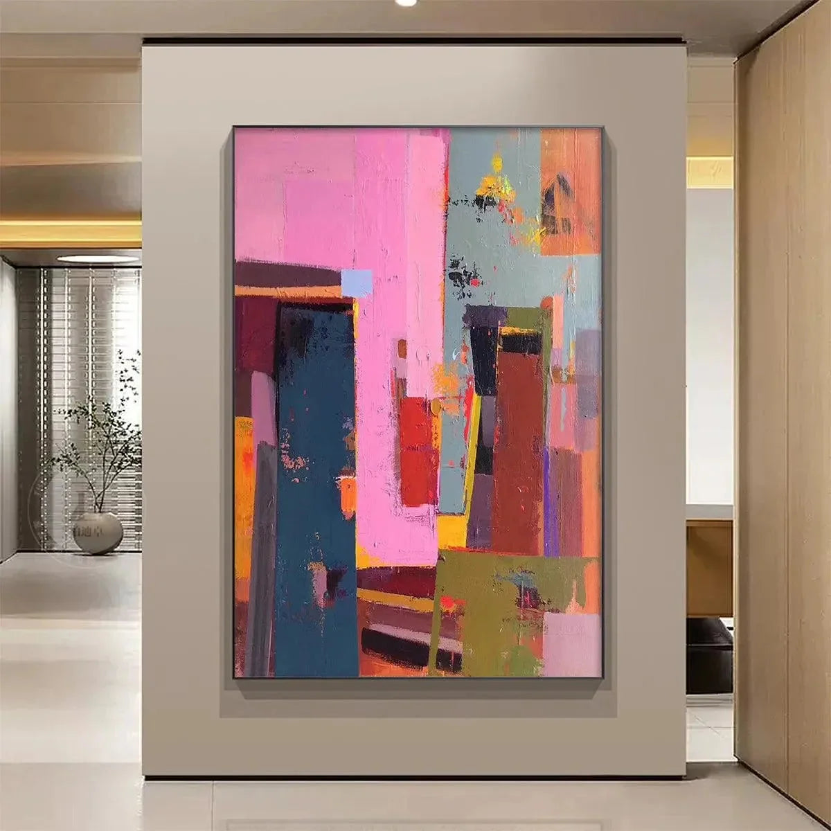 PINK CITY ABSTRACT: Colorful Abstract City Painting, Vertical Wall Art | Abstract closeup, raised brushwork detail