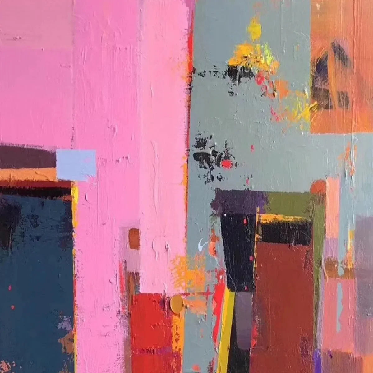 PINK CITY ABSTRACT: Colorful Abstract City Painting, Vertical Wall Art | gold frame stretched on neutral wall