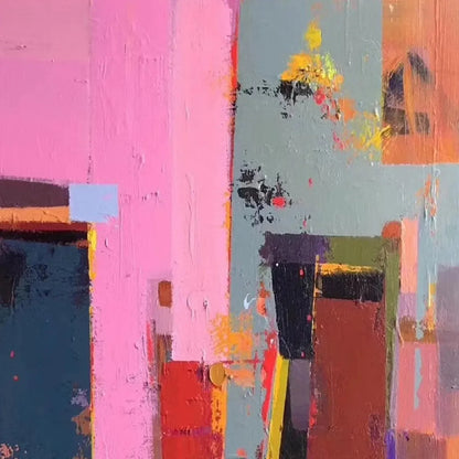 PINK CITY ABSTRACT: Colorful Abstract City Painting, Vertical Wall Art | gold frame stretched on neutral wall