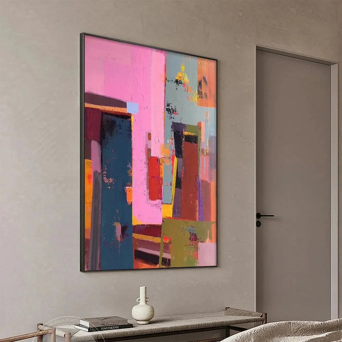 PINK CITY ABSTRACT: Colorful Abstract City Painting, Vertical Wall Art | black frame version on white wall