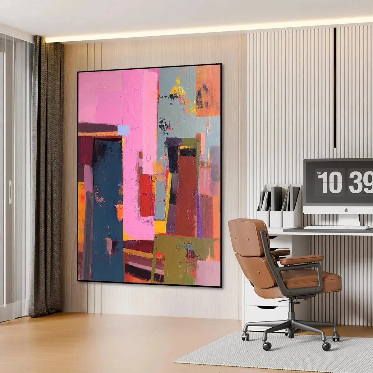 PINK CITY ABSTRACT: Colorful Abstract City Painting, Vertical Wall Art | Abstract mood, soft natural light studio shot
