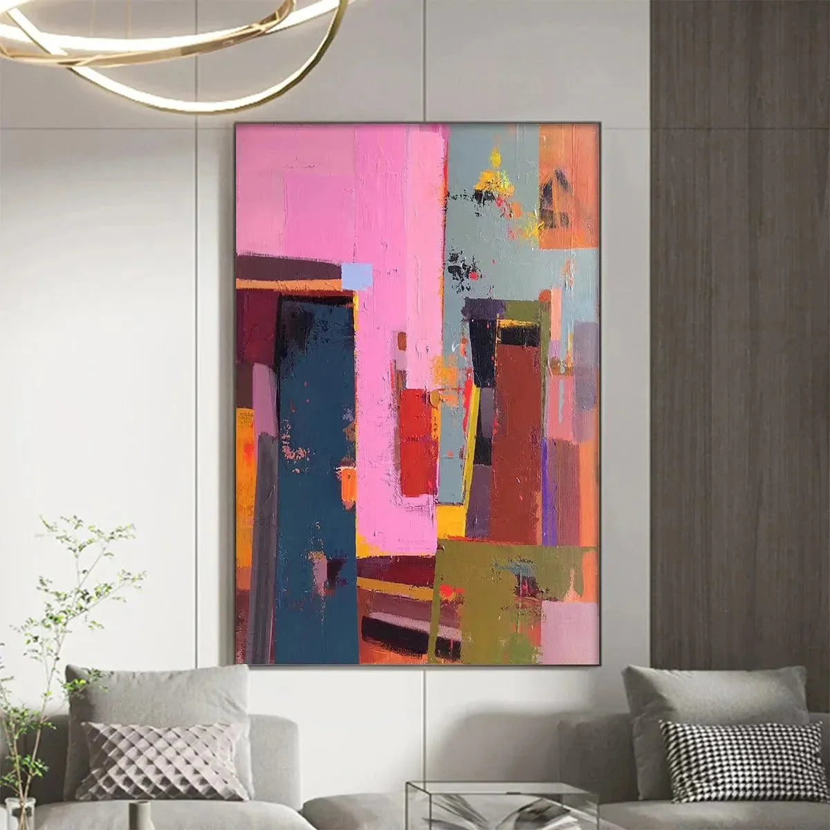 PINK CITY ABSTRACT: Colorful Abstract City Painting, Vertical Wall Art | texture detail, palette knife marks visible