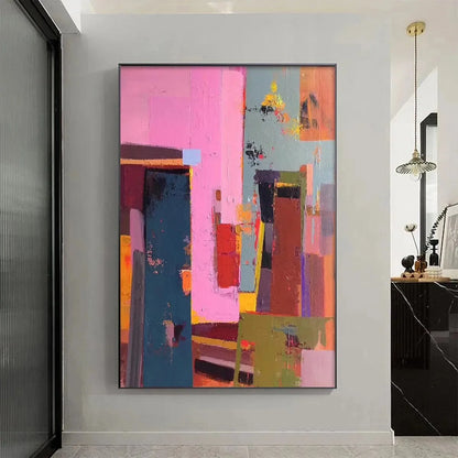 PINK CITY ABSTRACT: Colorful Abstract City Painting, Vertical Wall Art | texture detail, palette knife marks visible