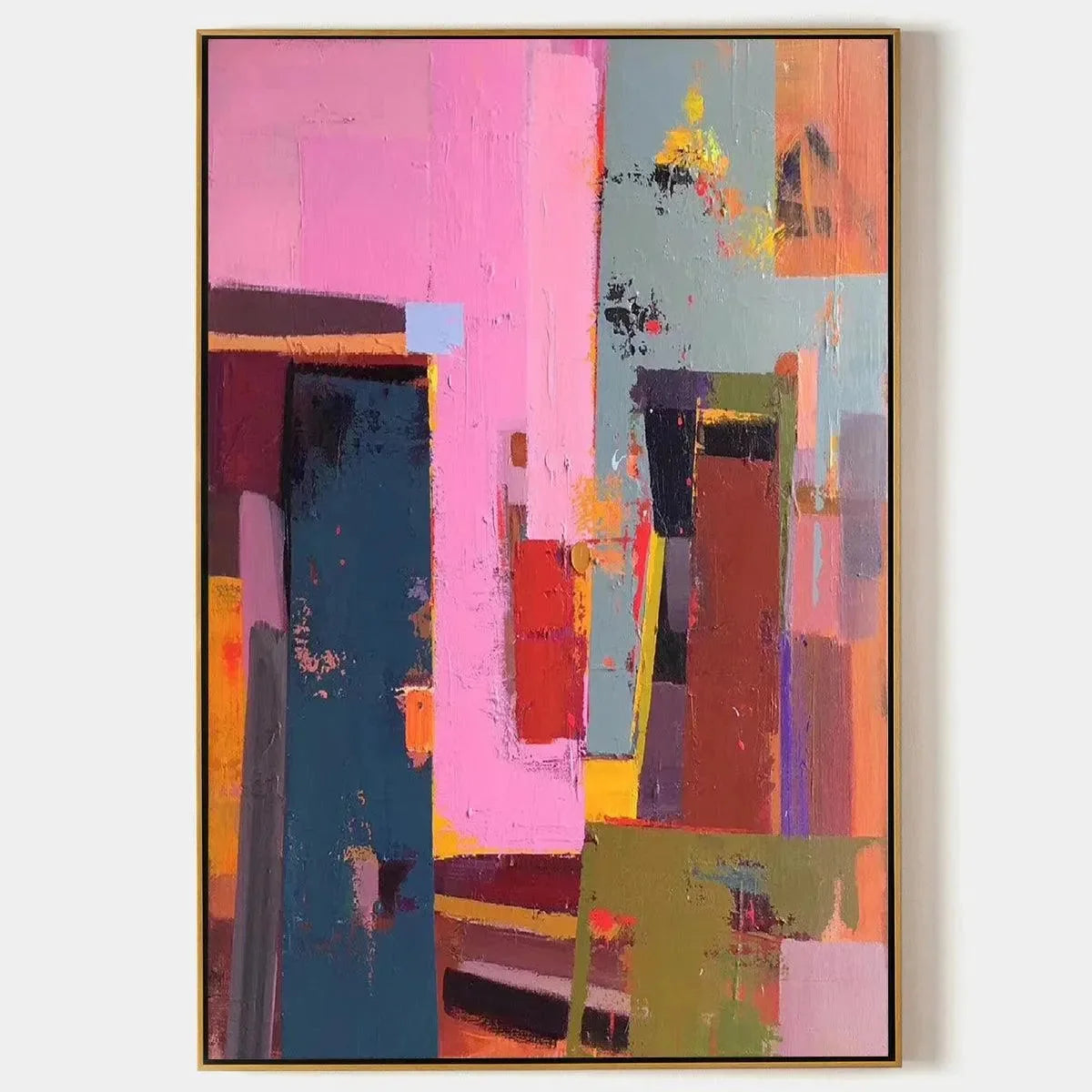 PINK CITY ABSTRACT: Colorful Abstract City Painting, Vertical Wall Art | hanging in living room, Abstract wall art