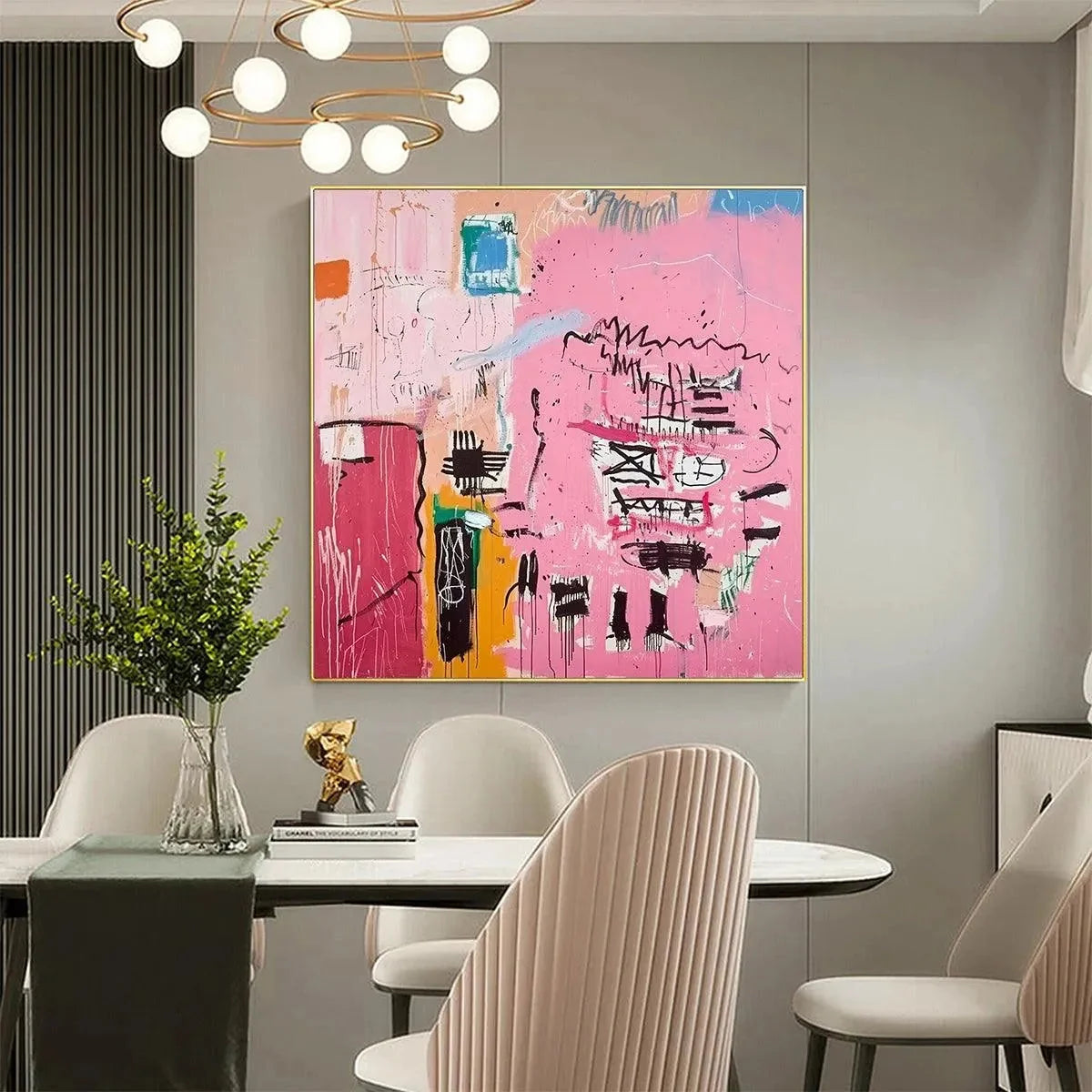 PINK EXPRESSION: Abstract Expressionist Painting, Pink Wall Art | gold frame stretched on neutral wall