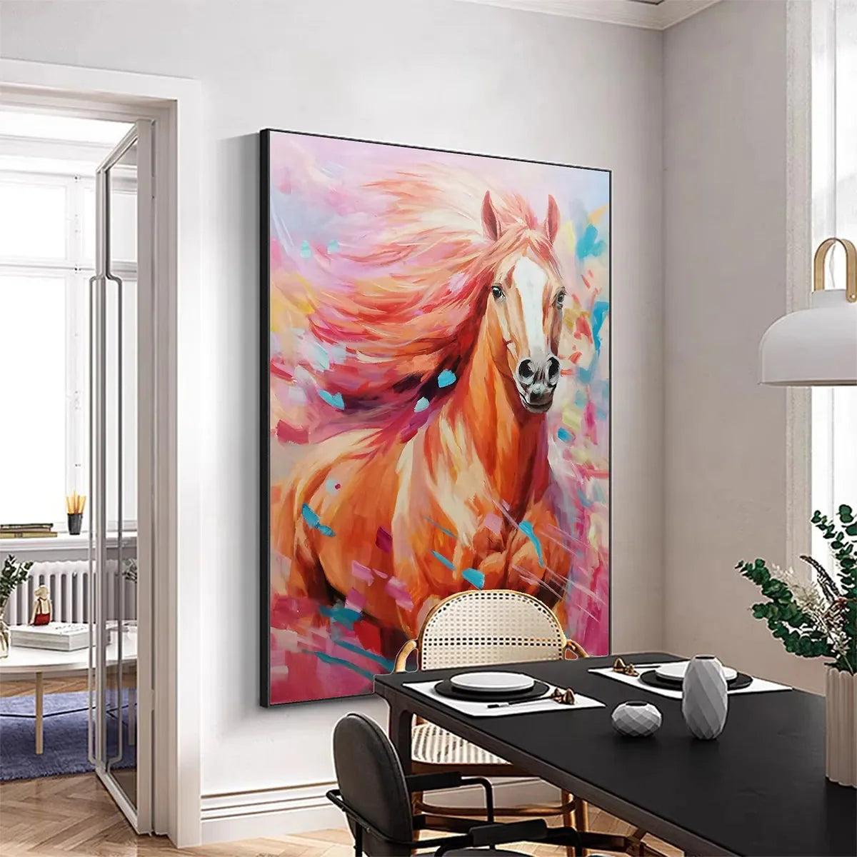 PINK FIRE: Colorful Horse Oil Painting on Canvas | gold frame stretched on neutral wall
