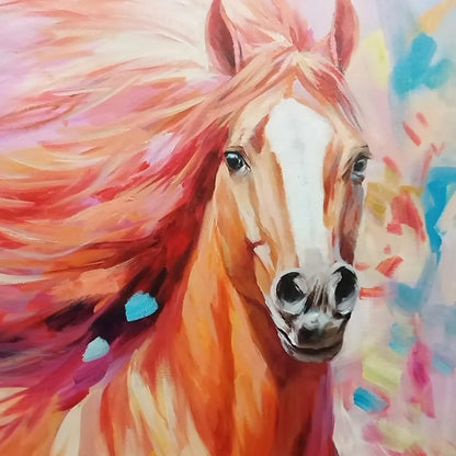 PINK FIRE: Colorful Horse Oil Painting on Canvas | rolled canvas, ready for custom framing