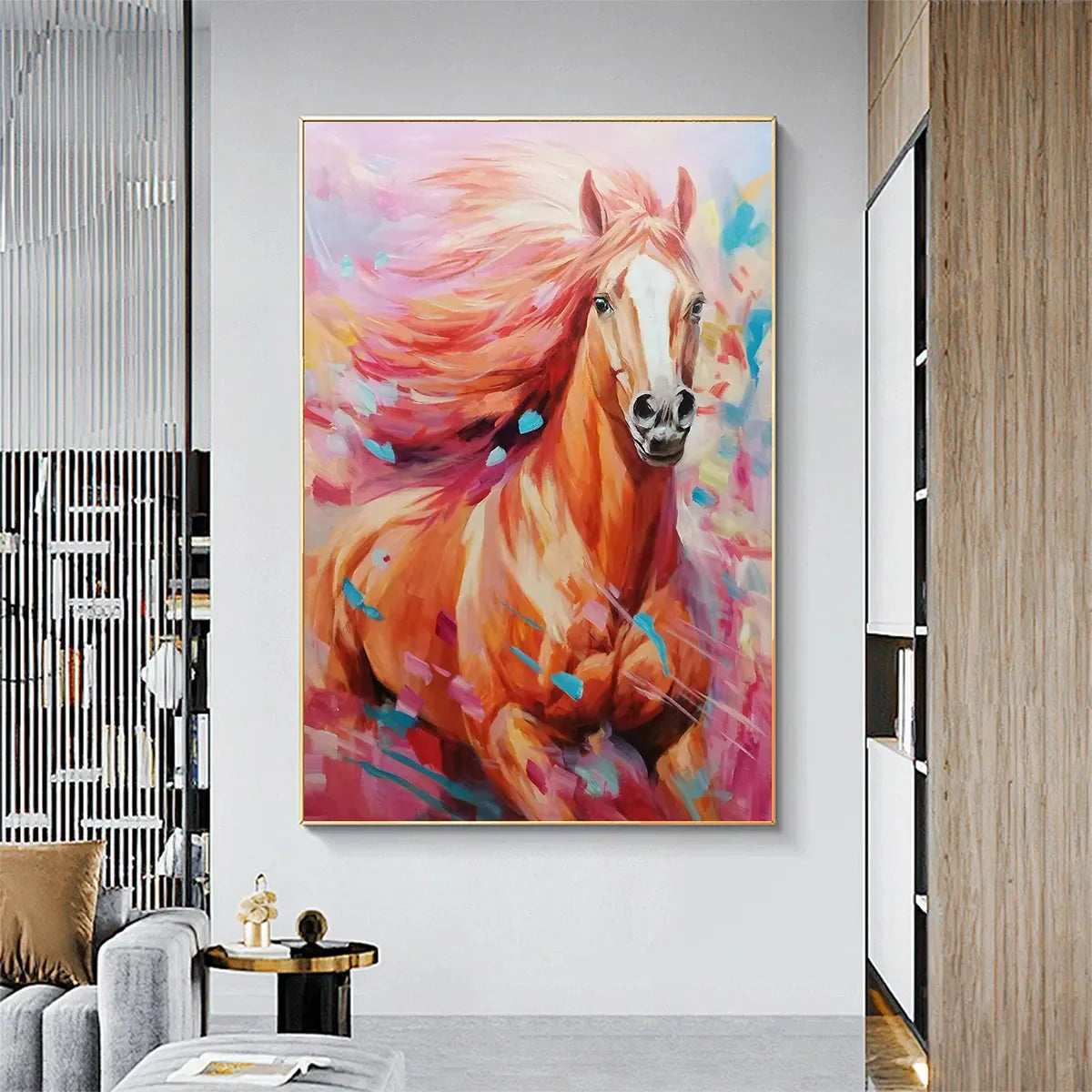 PINK FIRE: Colorful Horse Oil Painting on Canvas | black frame version on white wall